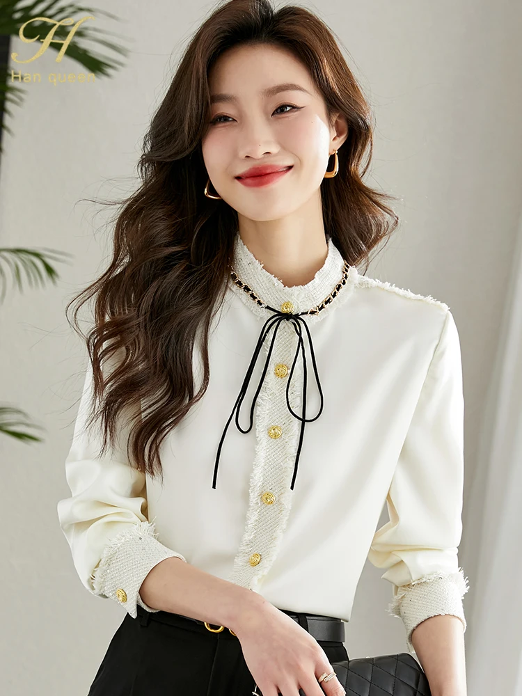 H Han Queen New Arrival Spring Autumn Shirts Women\'s Blouses Vintage Work Casual Top Chiffon Blouse Elegant Lace-Up Loose Shirts