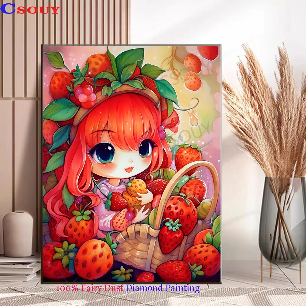 

100% Fairy Dust Diy Diamond Painting Cross Stitch Strawberry Fairy Girls Embroidery Square Mosaic Home Decor Needlework Crystal