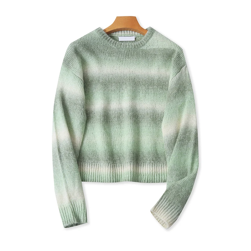 

Autumn Winter Women's Wool Sweater round Ne Loose Slim High Waist adient Splicing Anti-Aging Striped Long Sve Sweater