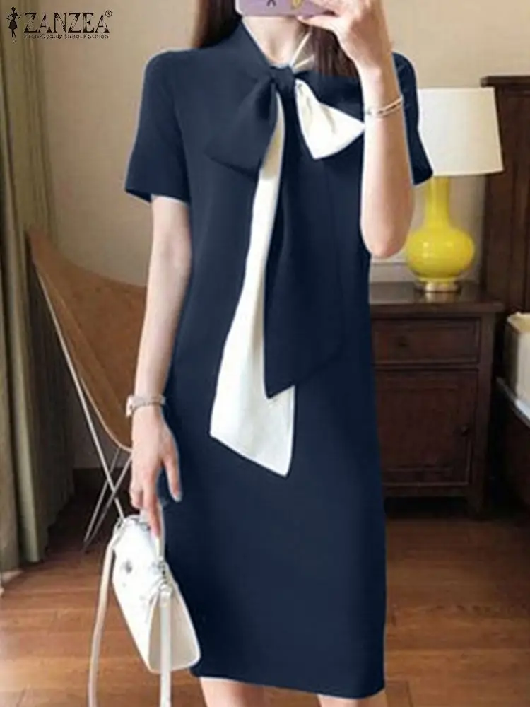 Casual Loose Colorblock Sundress ZANZEA Women Office Lady Dress Holiday Summer Bowtie Neck Knee Robe Vintage Short Sleeve Dress