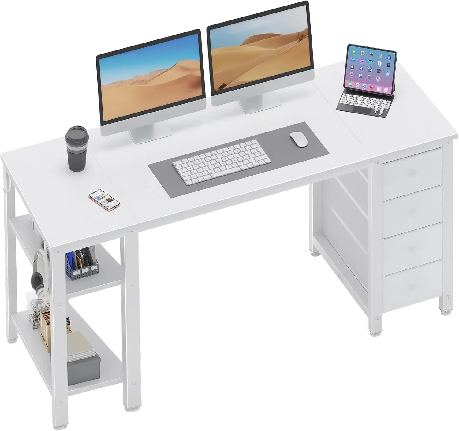 

White Computer Desk with Fabric Drawers & Storage Shelves, 55 Inch Study Work Writing Desk for Home Office Bedroom, Simple Moder