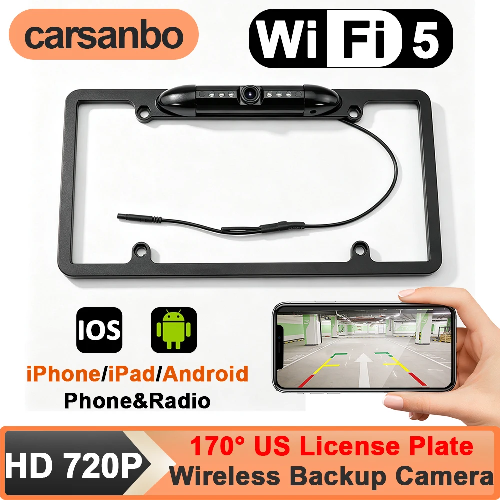 Carsanbo Wireless Car WiFi Reversing Backup Camera US American License Plate Waterproof Rear View Camera IR Night Vision 6 LEDs