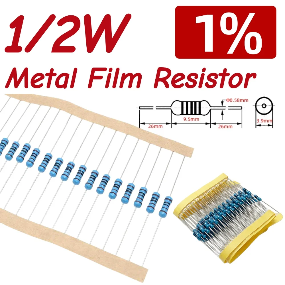 100pcs 1/2W Metal Film Resistor 1 1.2 1.5 10 12 15 100 120 150 R K Ohm 1K2 1K5 1%0.5W Five-color Ring Resistance 1K 10K 100K 10R