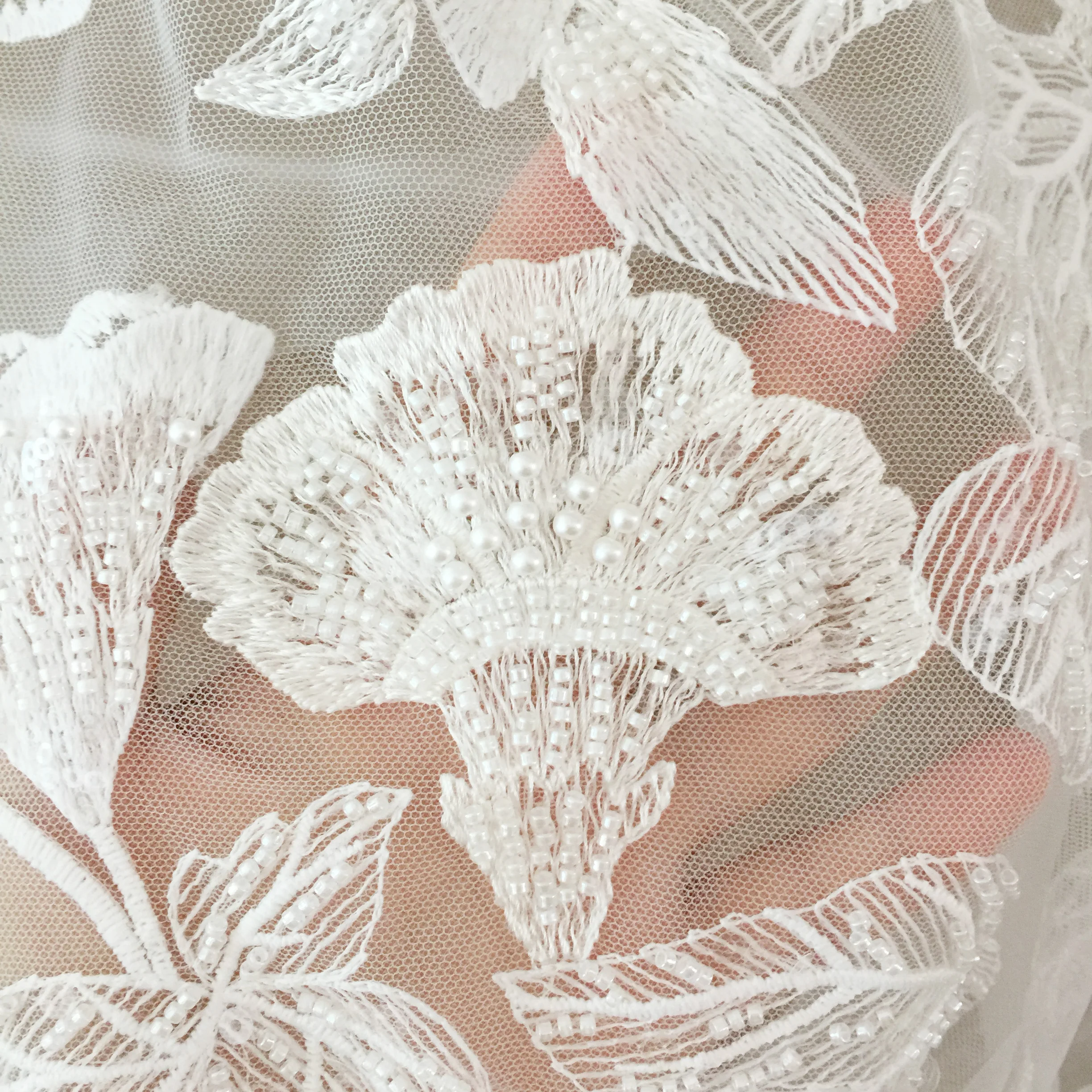 1 Yard 3D Pearl Beaded Flower Leaf Tulle Lace Fabric ,Couture Wedding Dress Bridal Lace Fabric by Yard