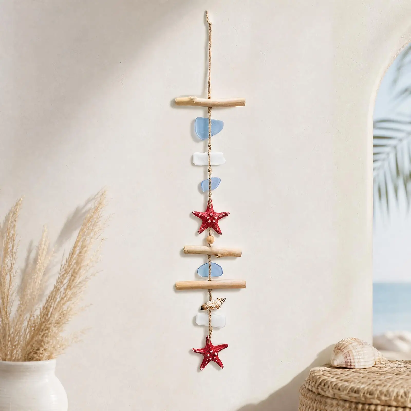 Nautical Wall Decor Rustic Driftwood Wall Ornament with Sea Star Nautical Hanging Decoration with Seashells for Living Room