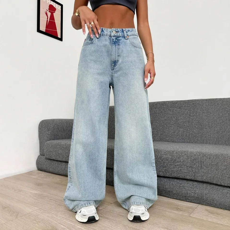 European American Women Sky Blue Solid Color Wide Leg Straight Simple Basic Casual Daily Trendy Jean Pants Female Denim Trousers