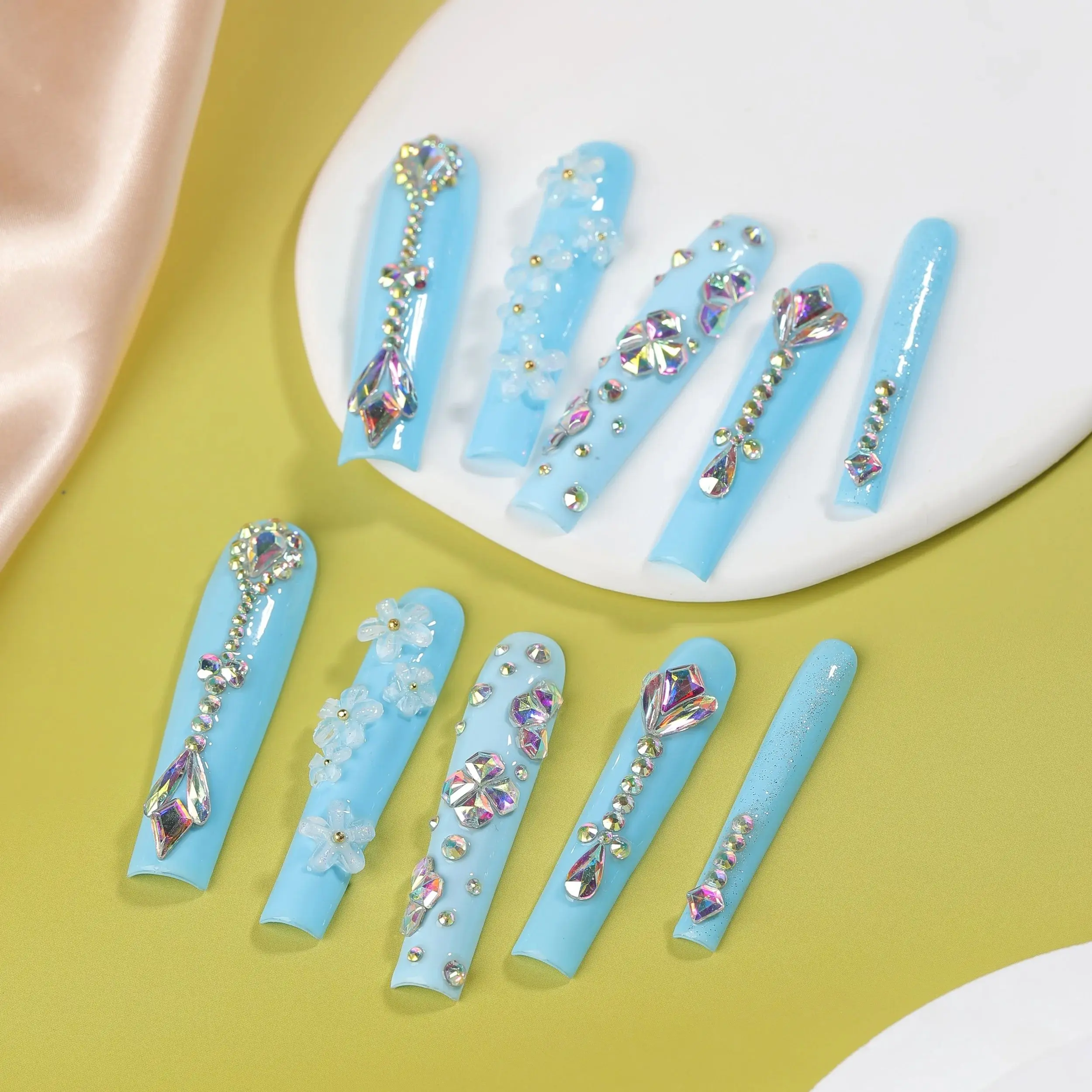 10Pcs Ballerina Long Coffin Nail Tips False Nails Wearable Fake Nails Rhinestone 3D Flower Blue Design Press on Nails