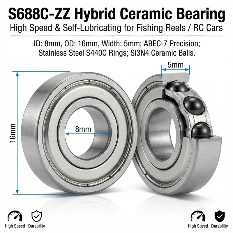 

10 шт. подшипников ABEC7 RC 8x16x5 S688 ZZ, гибридные керамические подшипники из нержавеющей стали 8*16*5 S688C ZZ, шариковые подшипники для катушек