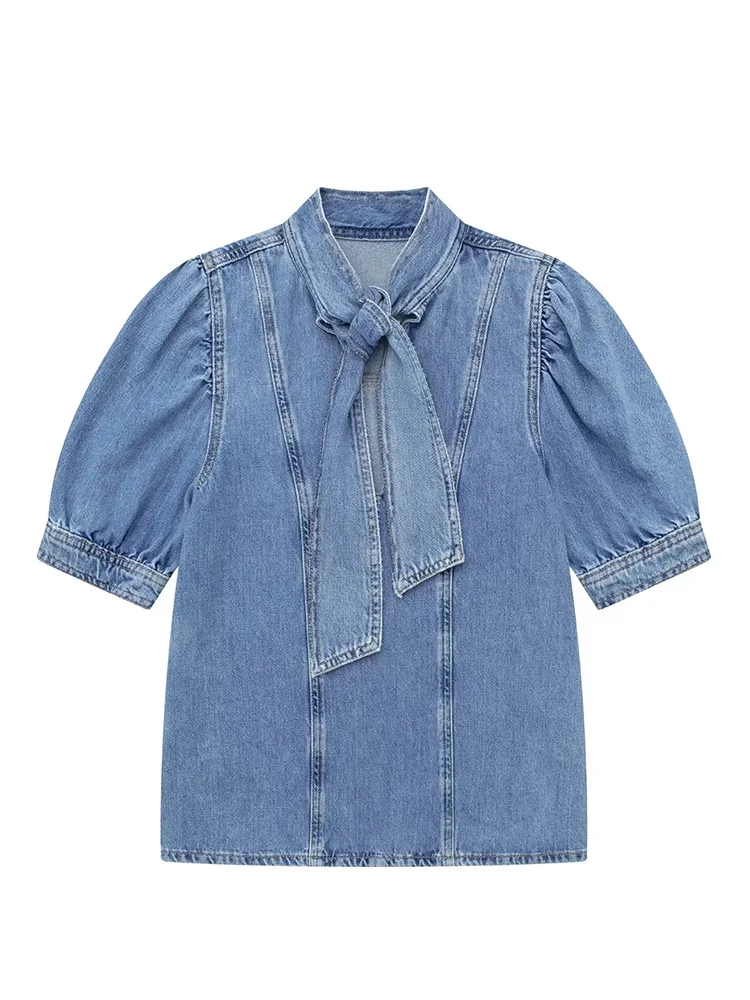 TRAF 2023 Summer New Women Denim Shirt Bow Knot Half Puff Sleeve T-Shirt and Retro Skirt Cape Skirt Street Fashion Suit