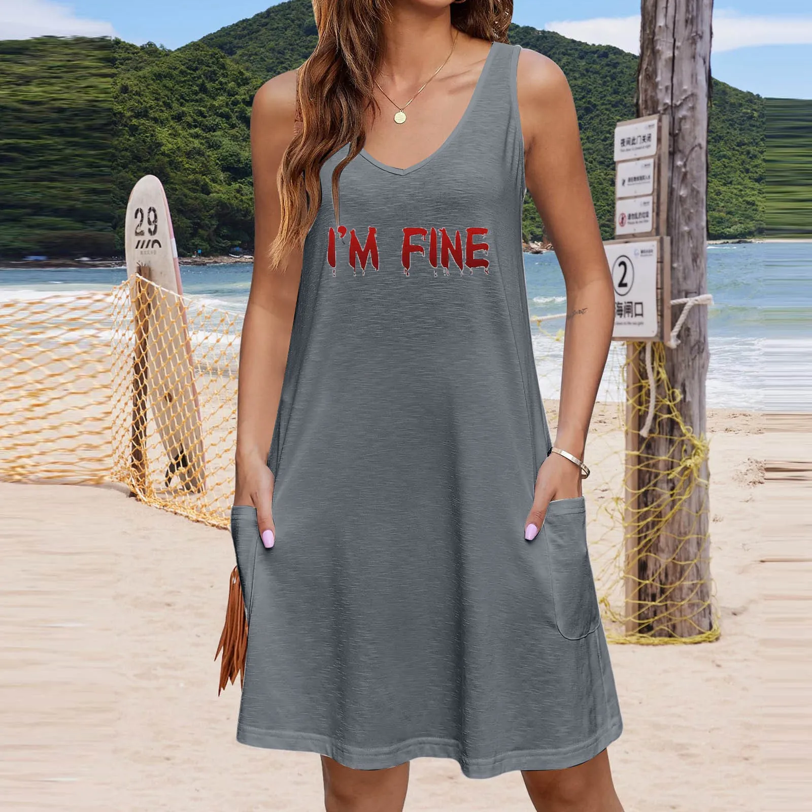 I'M FINE-Robe d'Halloween pour Femme, Décolmétrage en V Profond, Lettre Imprimée, Fibadt Slip, Solide, Document Simple, Tendance, Mode