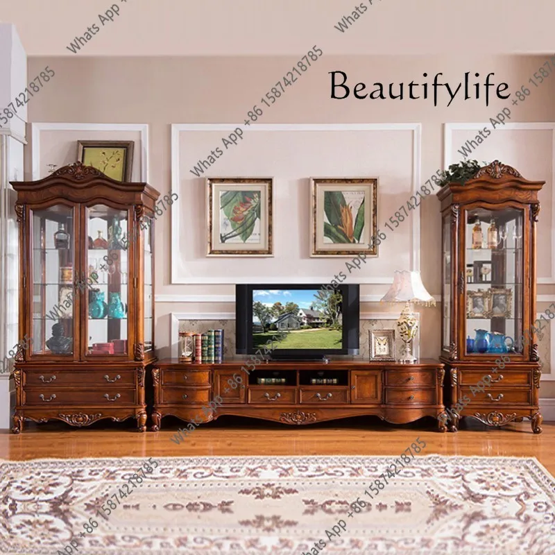

J American Solid Wood Living Room TV Cabinet Coffee Table Combination Floor-to-ceiling Large Apartment European Integrated Wall