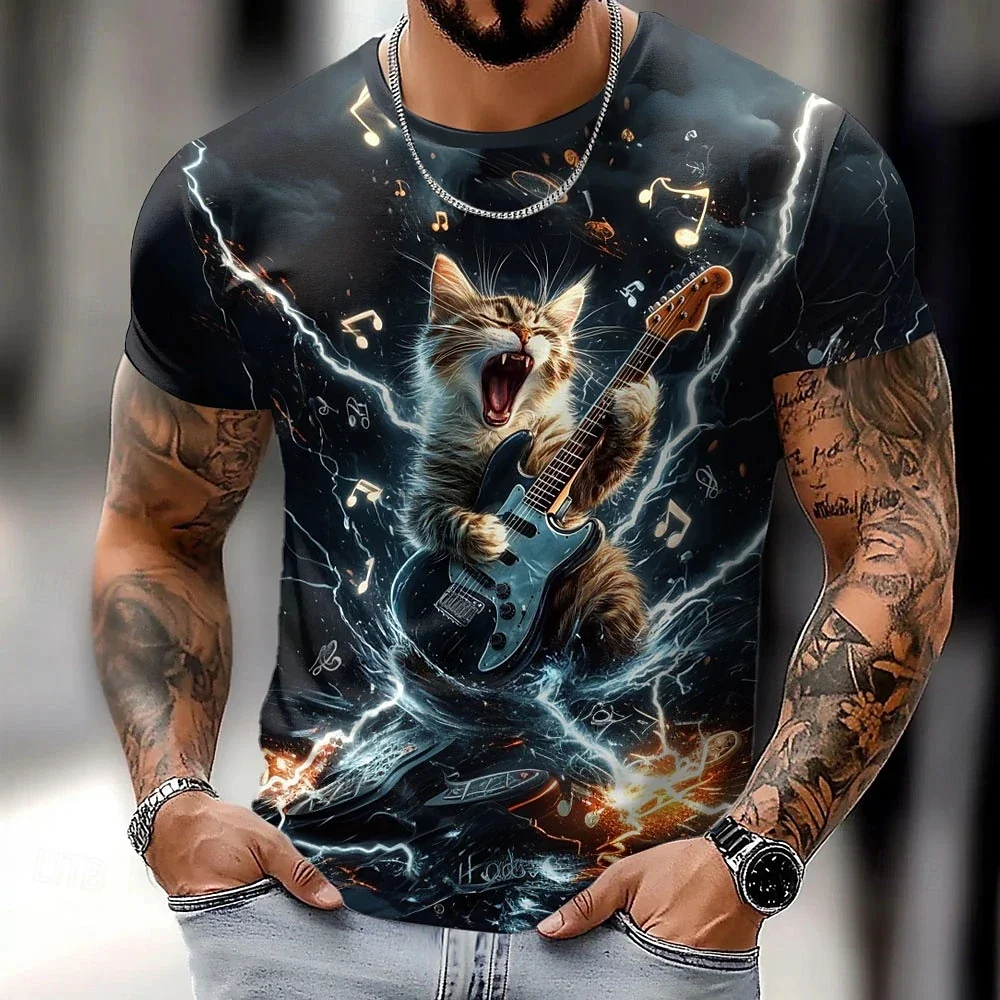 

Summer Men's Breathable Outdoor T-shirt Short Sleeve Cartoon Cat Printed Pattern Large Size Loose Men's T-shirt Casual Classic
