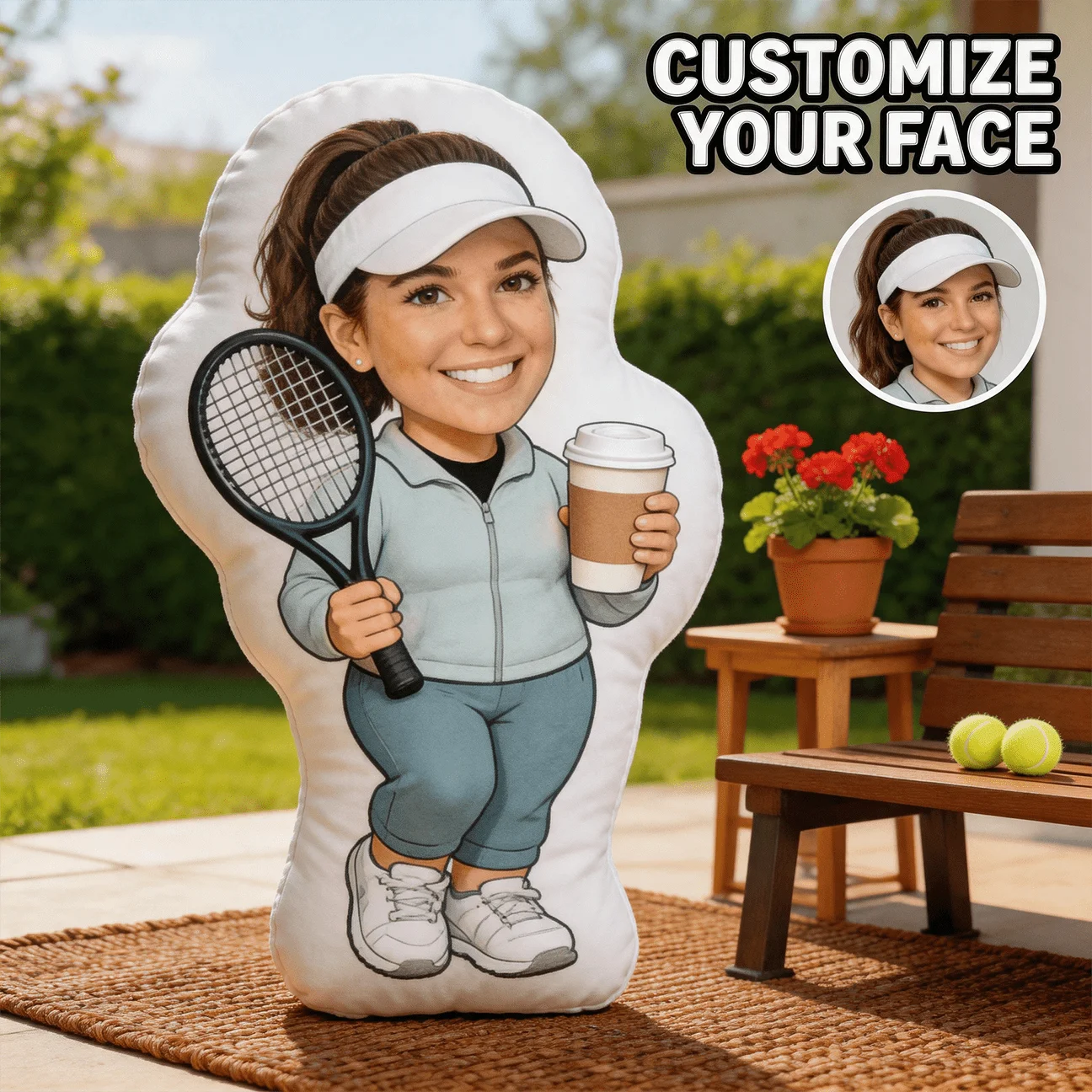 Customized personalized photo facial pillow, tennis player character themed decorative cushion, 60cm large size home decor accen