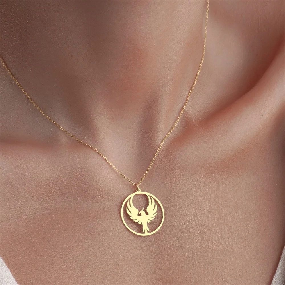 

Trendy Stainless Steel Round Phoenix Rebirth Symbol Pendant Jewelry for Women Mystic Animal Charm Amulet Necklace Birthday Gifts