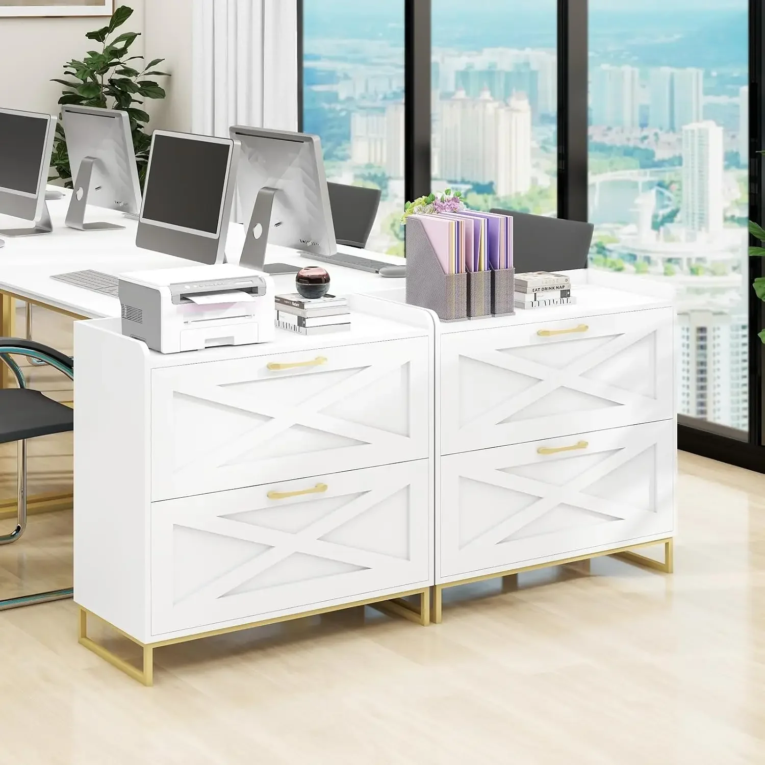 2 Drawer Lateral File Cabinet with Charging Station, White and Gold | Filing Cabinet for Letter/Legal/A4 Size Hanging Files, Lar