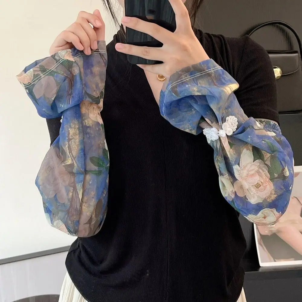 

Рукава из ледяного шелка с пряжкой в китайском стиле, анти-УФ-цветочные шифоновые солнцезащитные рукава, чехлы на руку, перчатки с длинными рукавами