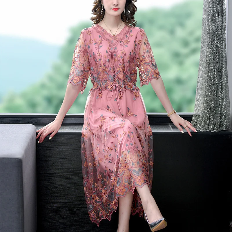 Summer Embroidery Natural Silk Mesh Floral Sexy Midi Dress 2023 Spring Korea Fashion Beach Dress Women Luxury Elegant Party Robe