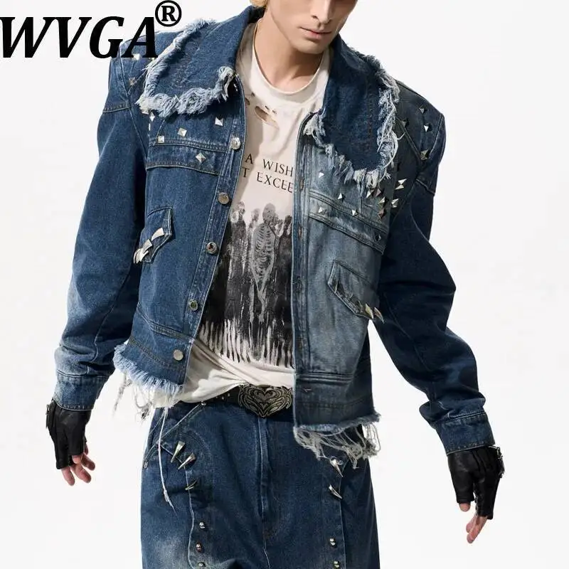 

WVGA Spring Autumn New Man Tide Beaded Hot Diamond Trendy Short Denim Jackets Niche Chic Casual Vintage Frayed Coats Ins W12562