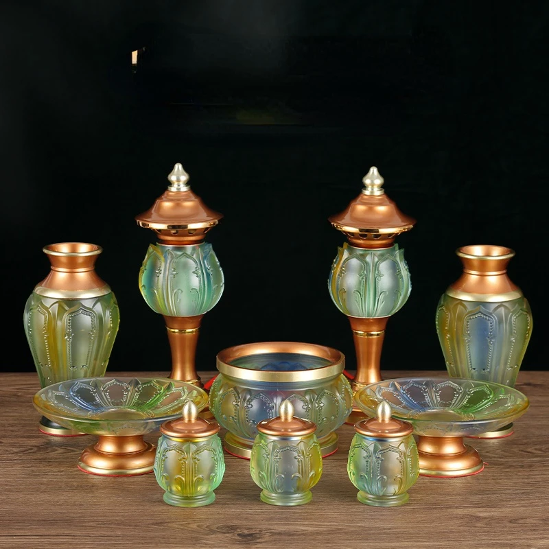 Glass Incense Burner Buddish Prayer Set Buddhist Hall Fruit Plate Tribute Plate Lotus Lamp Buddha Front Lantern Buddha Supplies