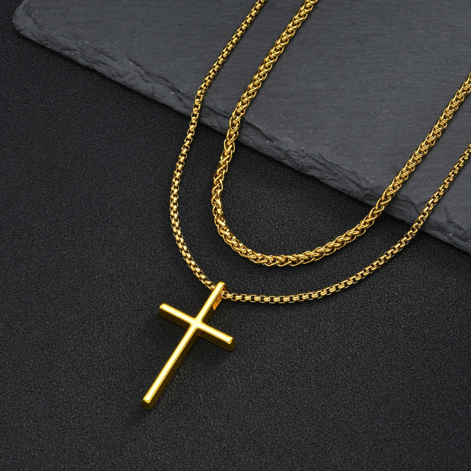 Vnox Mehrschichtige Kreuz-Halskette, Edelstahl-Mehrfachketten-Halsketten mit gedrehtem Panzerketten-Anhänger, Hip-Hop-Schmuck mit religiösem Motiv für Männer. – Detail 24