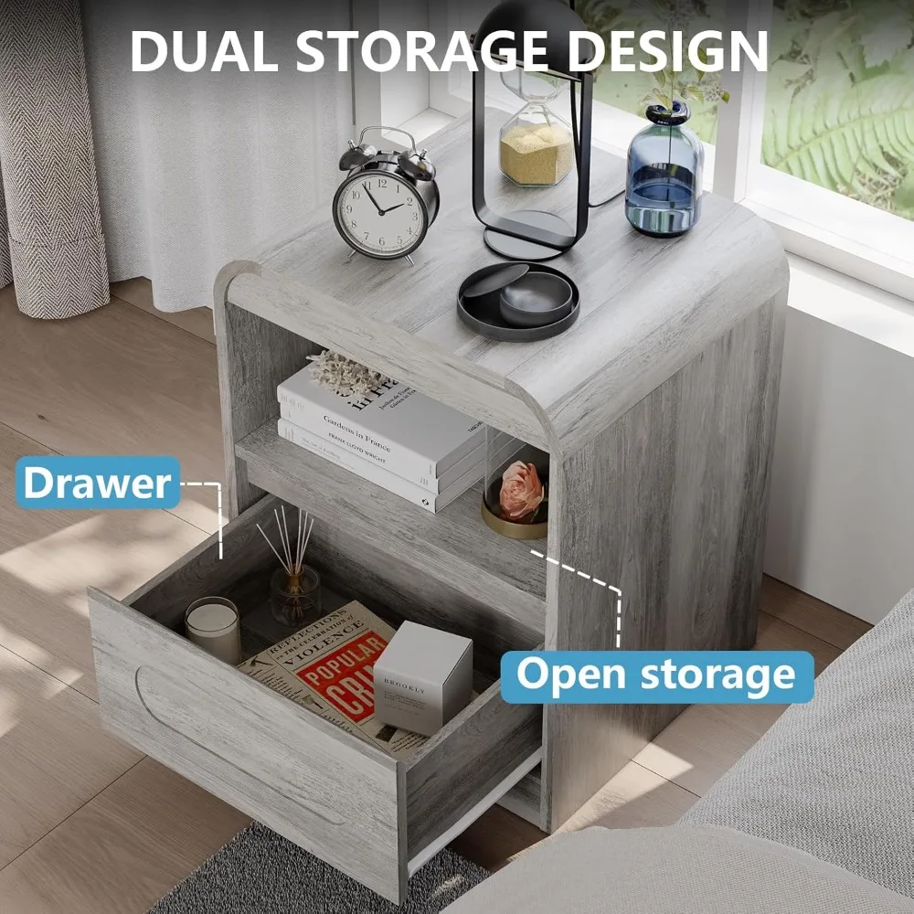 Wide Modern Curved Nightstand with Drawer Storage for Bedside Use