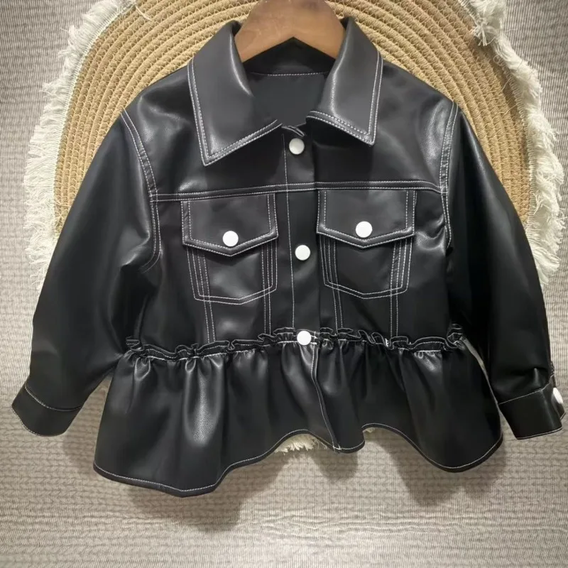 Girls' Leather Jacket, Children's New Spring and Autumn Jacket, Children's Girls' Korean Version Stylish Windbreaker