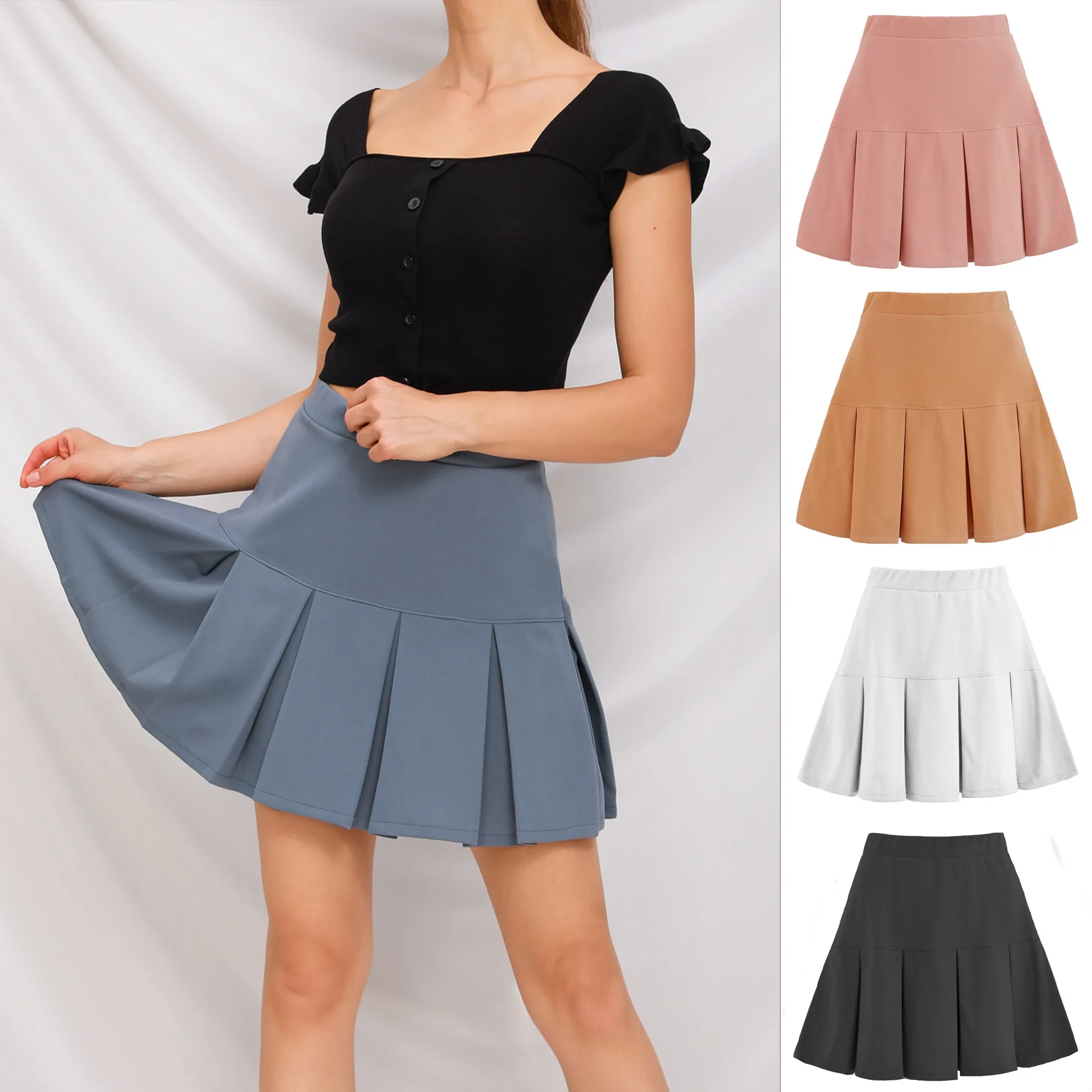 Women Summer Skirts Cheap New High Elastic Waist Pleated Pure Color Skirt Girl Casual 2022 New Vestidos WSL4300
