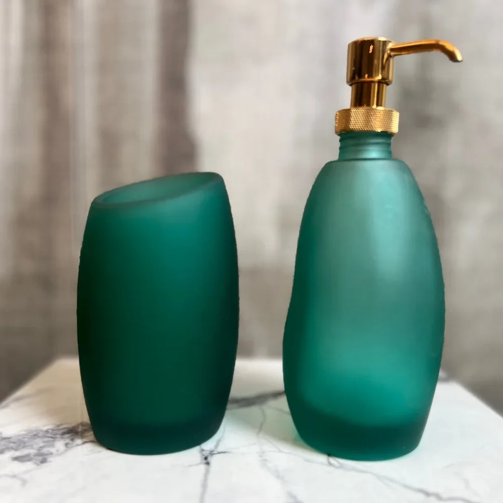 Two Piece Green Murano Glass Bathroom Set Handmade in Italy Includes Toothbrush Tumbler and Liquid Soap Dispenser with Pump