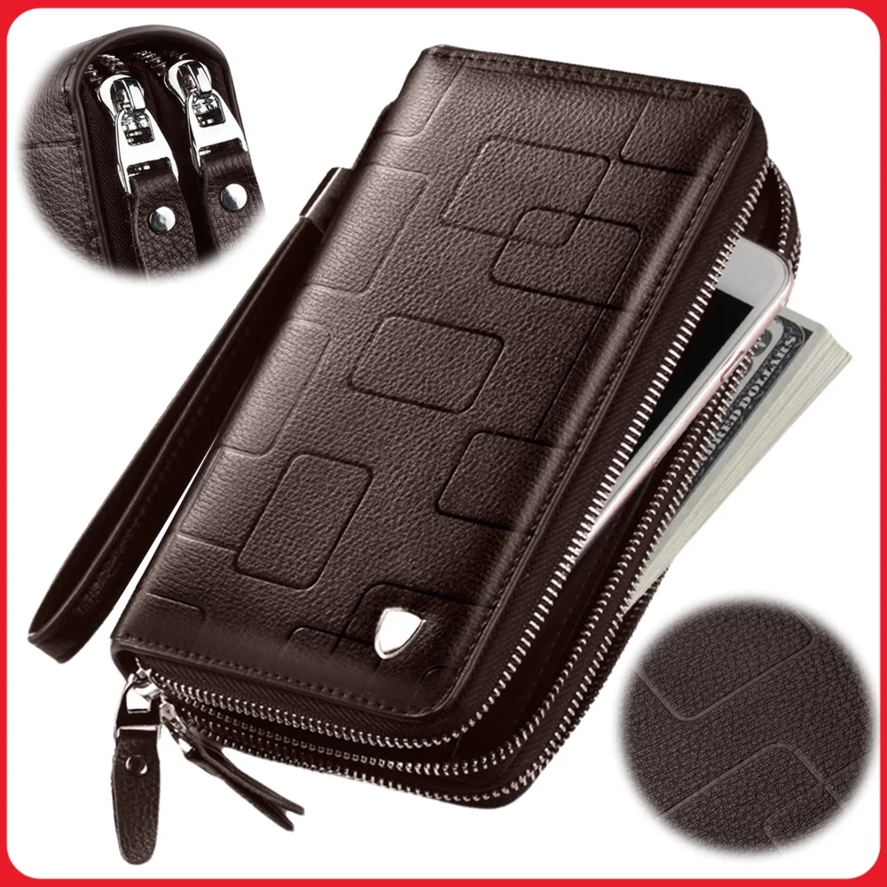 Men Leather Long Clutch Handbag with Wrist Strap Wallet Clutch Bag Zipper Wallet Purse for Men Father Husband