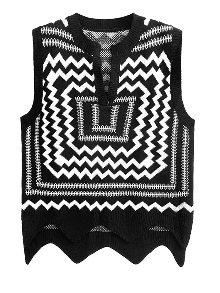 [EAM] Black Pattern Big Size Knitting Sweater V-Neck Sleeveless Women Pullovers New Fashion Tide Spring Autumn 2024 1DH7058