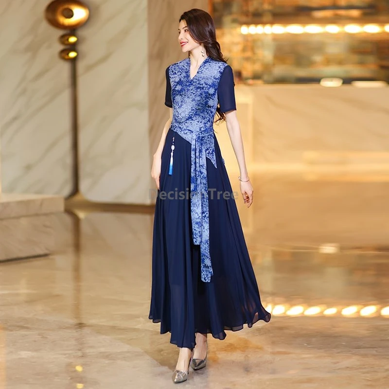 

2025 chinese characteristic patchwork printed robe fashionable temperament dress popular vintage graceful lady daily clothing