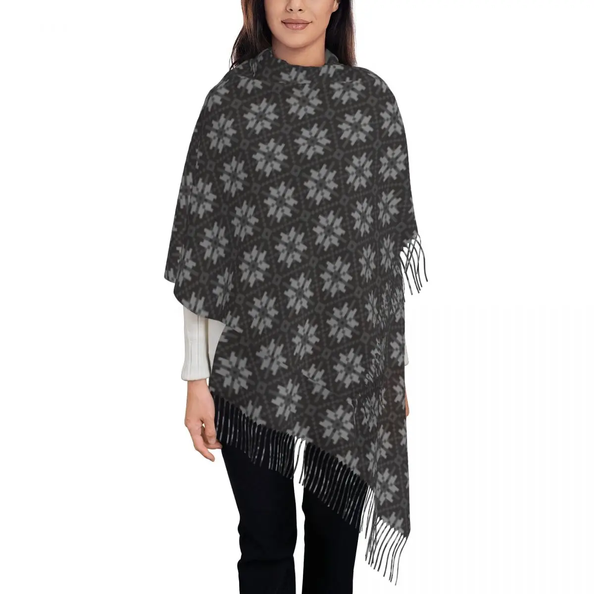 

Nordic Floral Print Scarf Ladies Abstract Geometric Head Scarves with Tassel Winter Shawls and Wrap Outdoor Bufanda Mujer