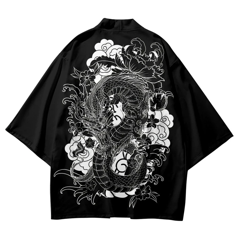 Anime Dragon Print Loose Cardigan For Men And Women Japanese Streetwear Harajuku Haori Kimono Cosplay Shirts Beach Yukata Tops