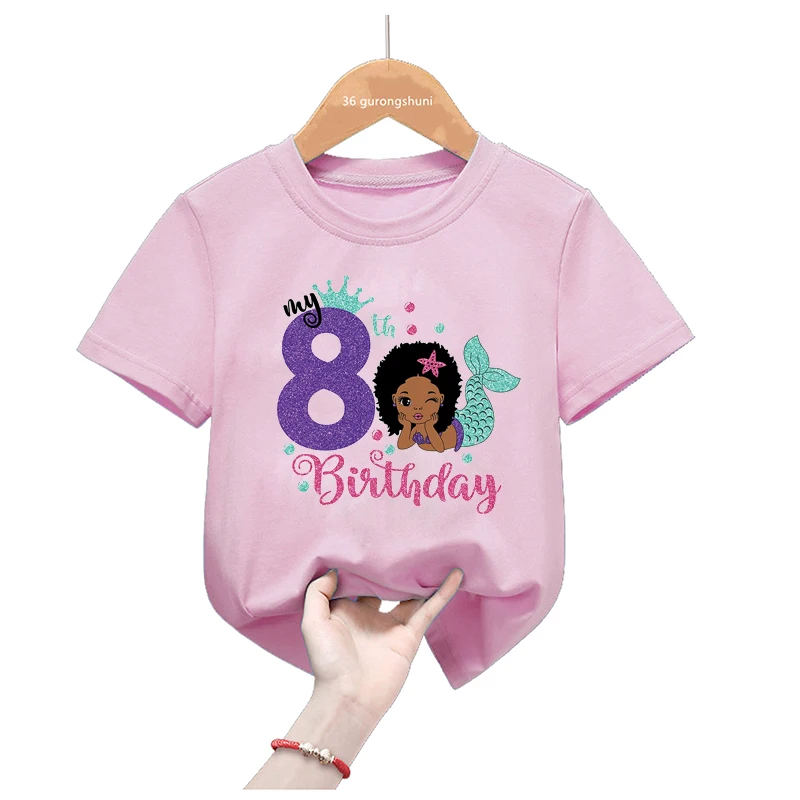 Pink Tops Mermaid My 1-9 Birthday T-Shirt Black Girls Melanin T Shirt Birthday Gift Kids Clothes Short Sleeve Tees Name Custom