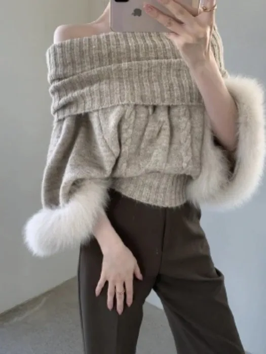 Корейский вязаный свитер с закрученным плечом, женский осенне-зимний капюшон «летучая мышь», вязаный топ Faion Sensation