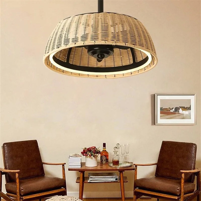 Bamboo ceiling fan Smart Ceiling Fans with Remote Control DC Motor ceiling fan black Ventiladores Braided kitchen fan light