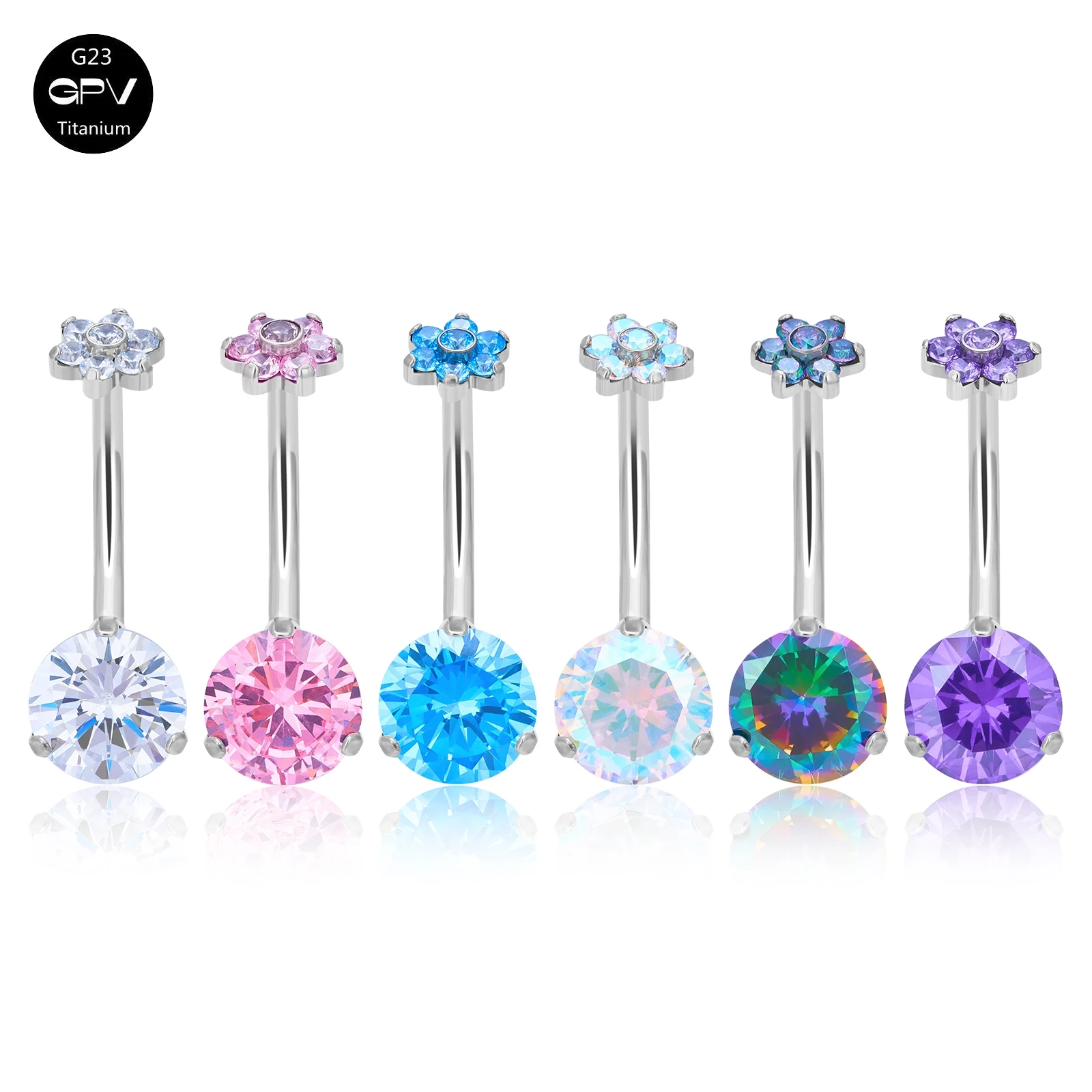 1PCS 14G Double Navel Ring With Beautiful Flowers On One End Opal Navel Nail G23 Titanium Belly Jewelry Women's Body Jewelry