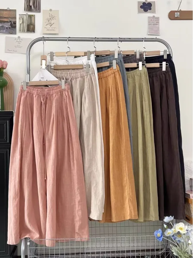 

Летние повседневные брюки Hanflax с высокой талией, широкими штанинами, плиссированным дизайном, эффектом похудения, женские, больших размеров, свободного кроя