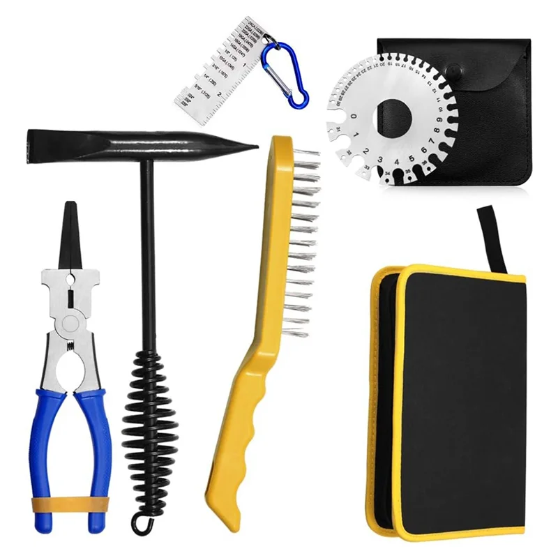 AAAC-6PCS MIG Welding Pliers Welding Hammer 2 Thickness Gauges 6 Row Wire Scraper Brush Storage Bag Welding Tool Set