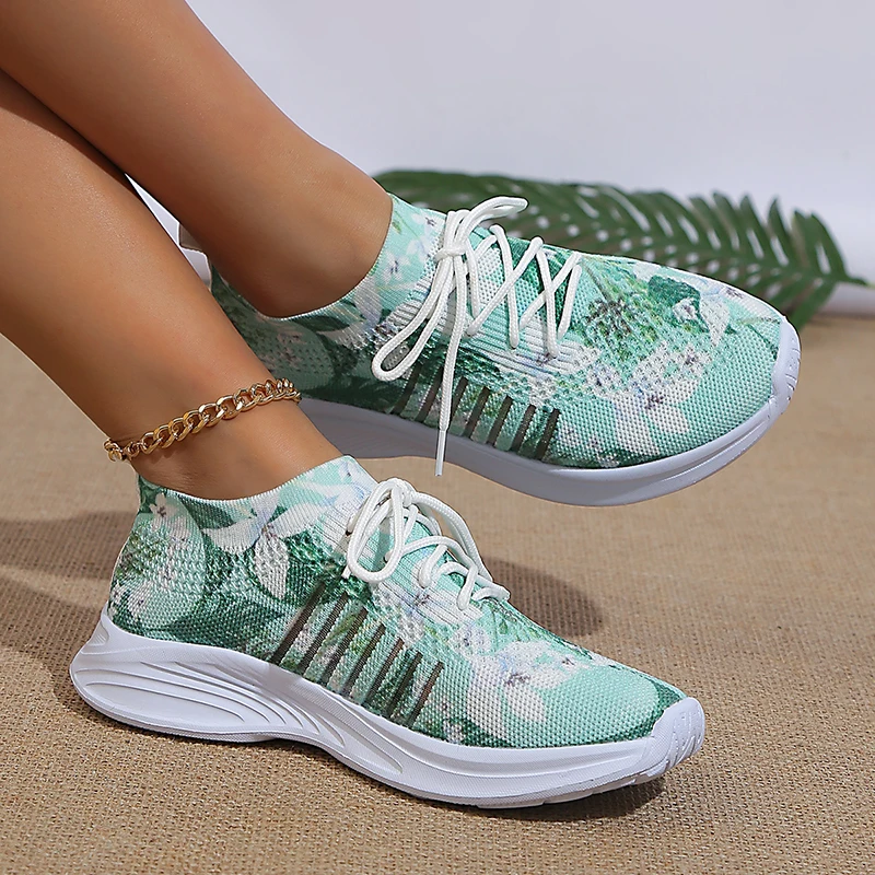 Rimocy Fashion Printed Knitted Sneakers Women 2024 New Lightweight Breathable Flats Woman Lace-Up Non-Slip Ladies Sports Shoes