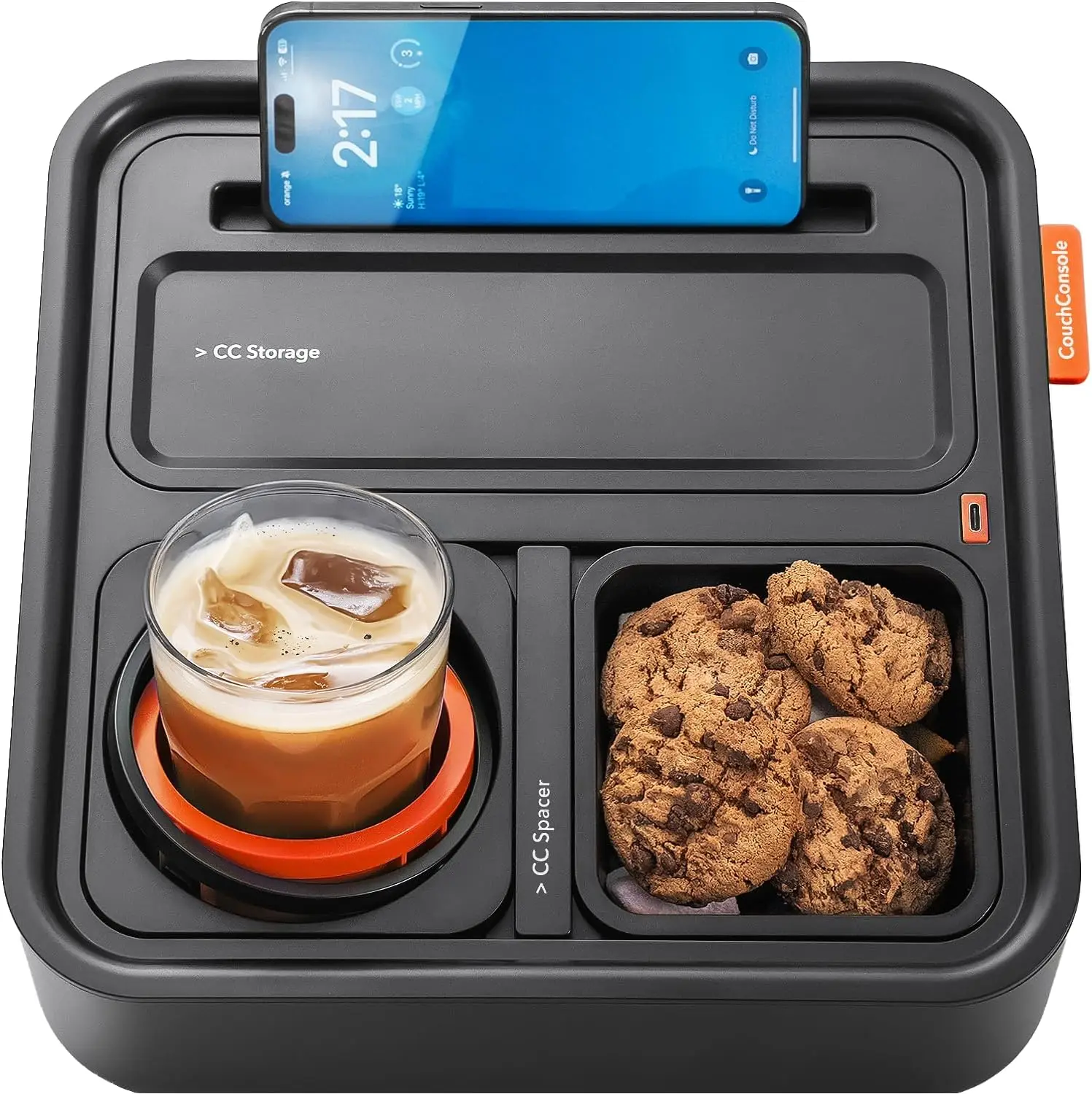 

Sofa Caddy Tray with Armrest, Phone Stand, and Storage for Drinks, Snacks, Remote - Black/Orange