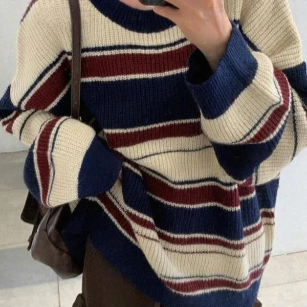 

Men's Knitted Print Striped Color Blo Sweater Women's Ciwalk Collar Nine Sve Length Coolmax Fiber Durable New Sle