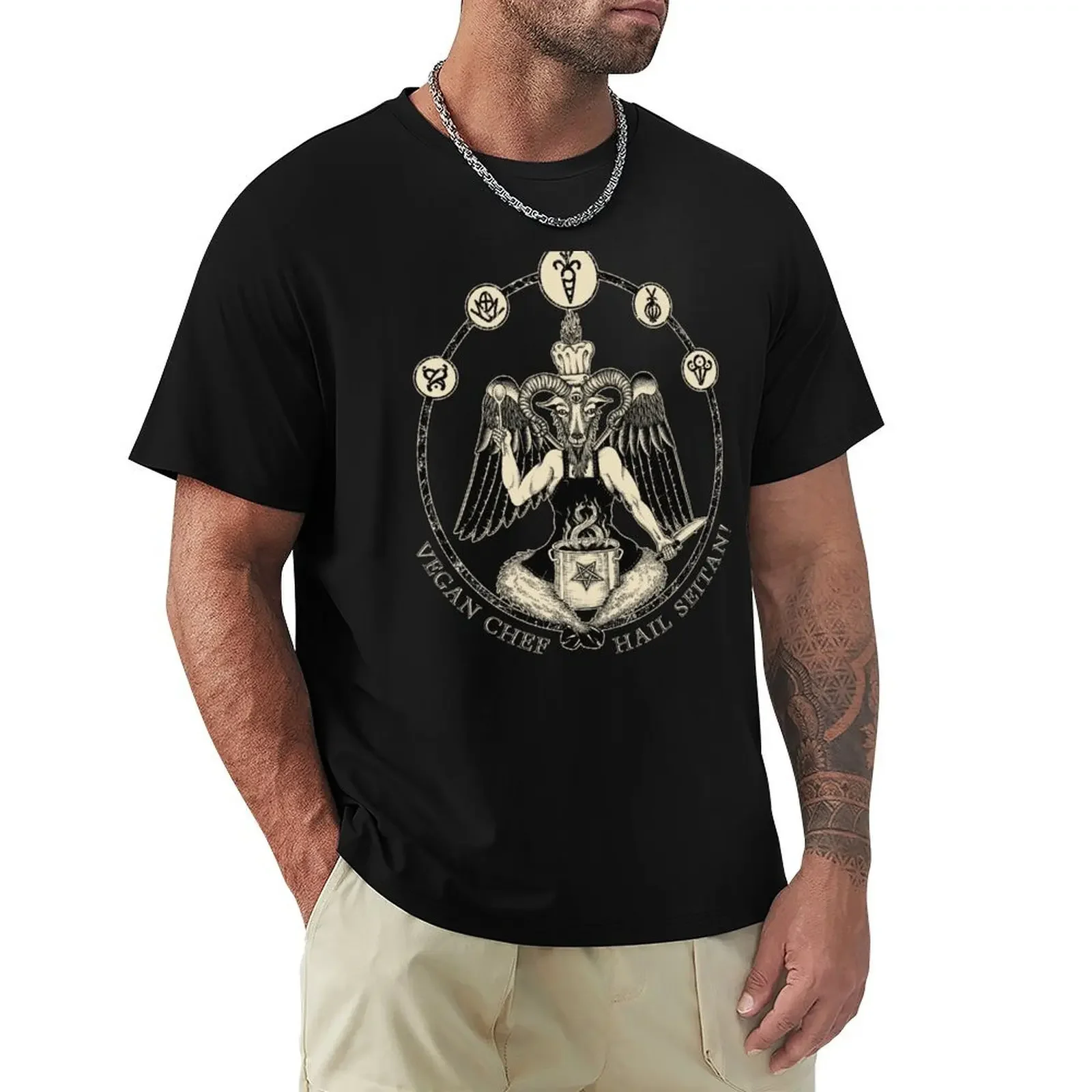 

Vegan Chef Baphomet: Hail Seitan! Vegan Chef! T-Shirt Short sleeve tee quick-drying plus size men clothing