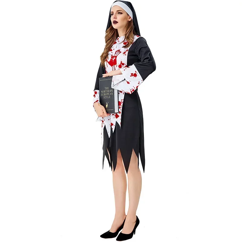 Bloody Nun Costume Cosplay For Adult Halloween Costume For Women Scary Monastery Nun Suit Carnival Party Dress Up