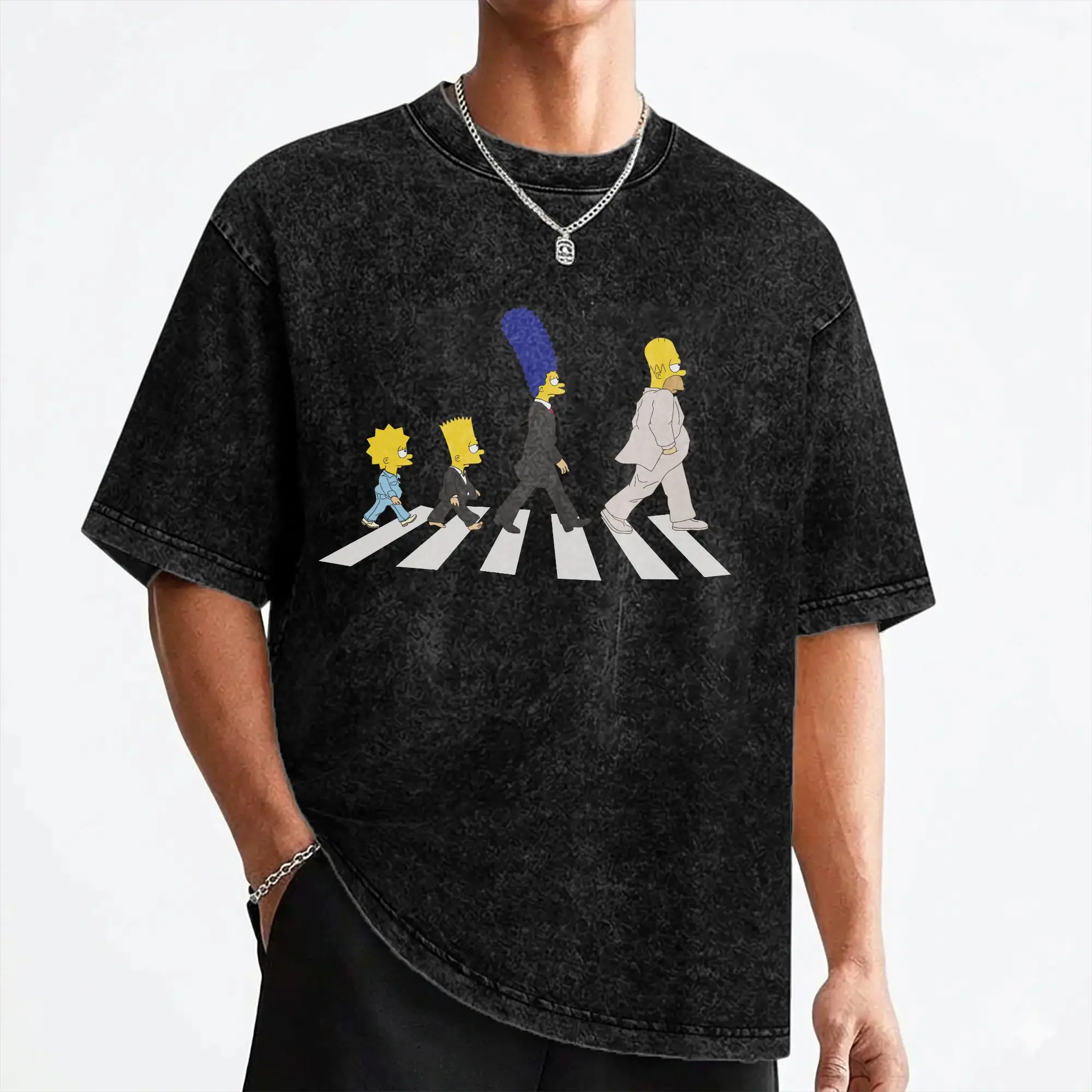 Cartoon The S-Simpsons T Shirts Washed Short Sleeve High Street T-Shirt  Vintage Men Women Streetwear Graphic Printed Tees