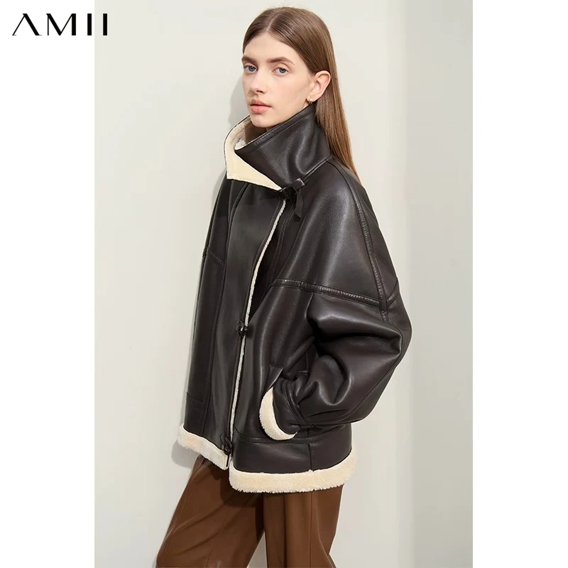 AMII Minimalist Simple Commuter Faux Leather Jacket for Women 2026 Winter Thick Warm Lapel PU Fur Female Chic Over Coat 12424007