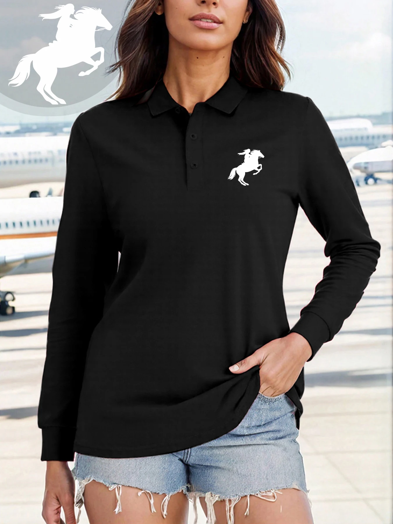 Damen-T-Shirt, langärmeliges Poloshirt, Flow-Haired Rider On Leaping Horse Print, luftiges, lässiges Oberteil, alltägliche Aktivitäten, Freizeitstil