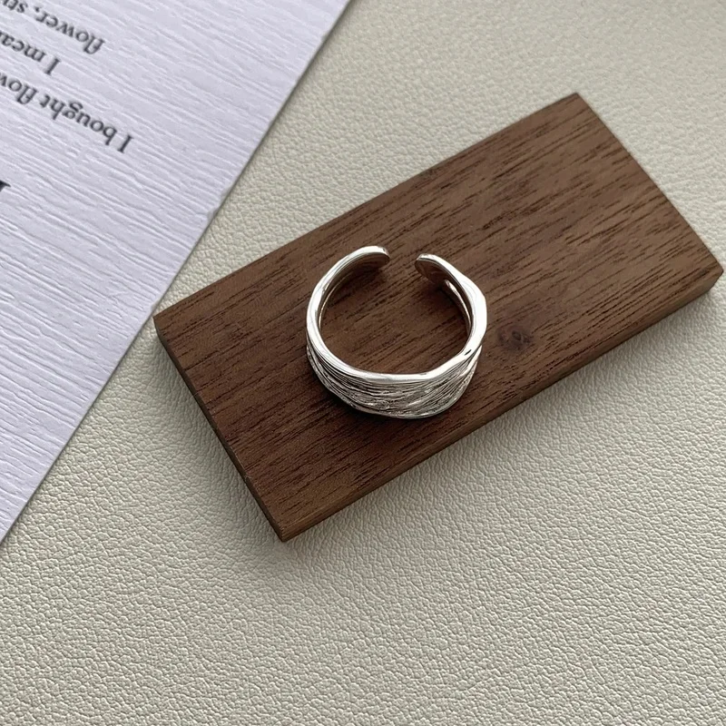YISON Silver Ins Style Texture Wide Surface Open Ring for Stacking Exuding High End Exquisite Rings for Woman Jewelry Gifts