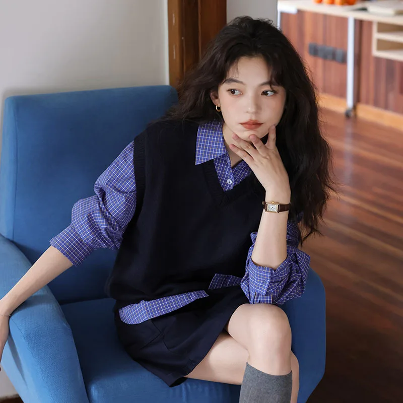 

Осень-зима, новый японский стиль, художественный студенческий стиль, вязаный жилет, женский универсальный многослойный пуловер, свитер