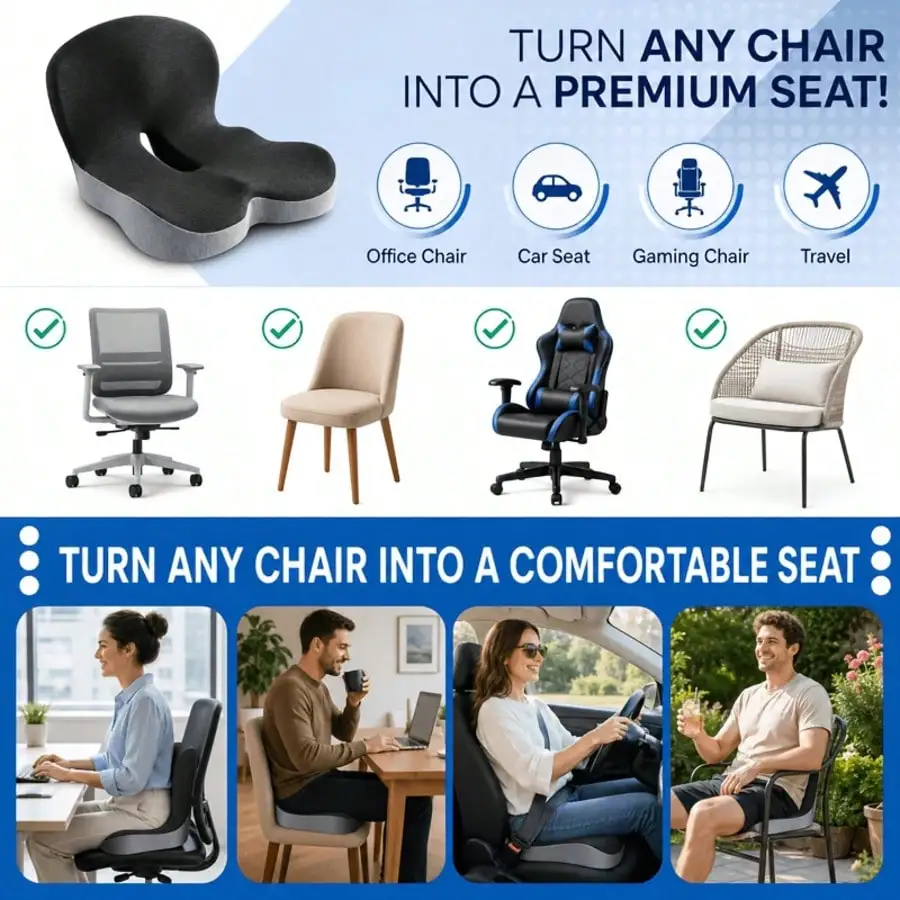 Memory Foam Seat Cushion With Back Support Design, Ergonomic, Breathable Hollow Structure, Outdoor Seat Cushion, Car Seat Cushion, Office Chair Seat Cushion, Office Decor And Accessories, Office Supplies And Accessories, Seat Cushion For Long Sitting